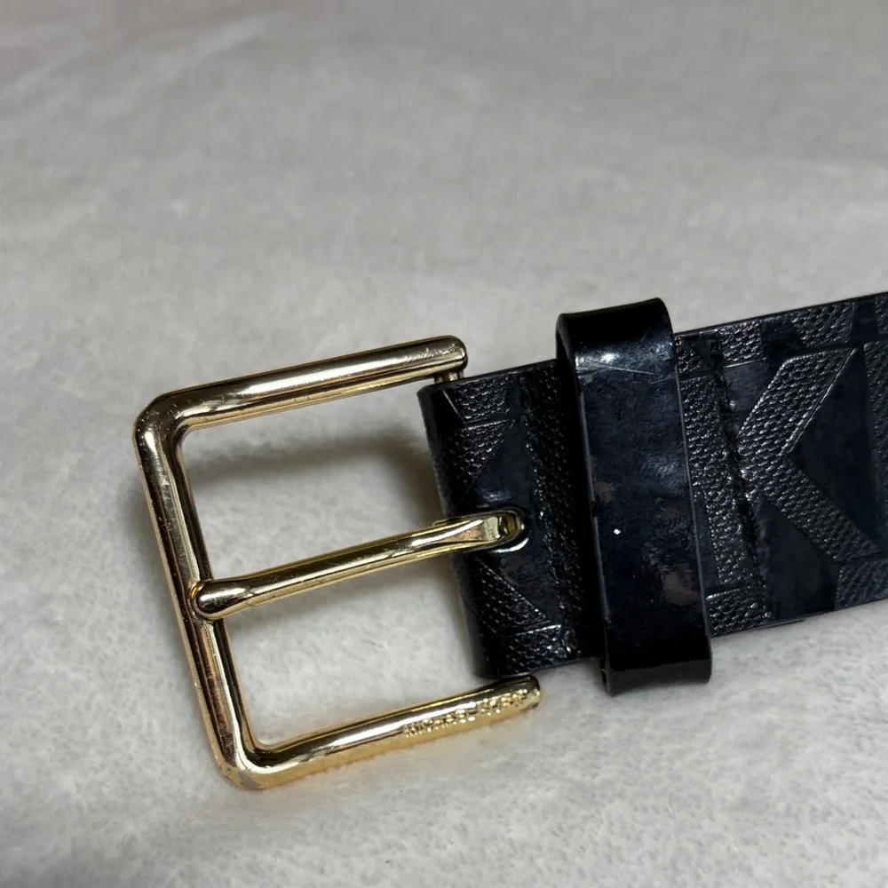 Michael Kors MK Logo‎ Black Synthetic Leather Belt with Gold Buckle